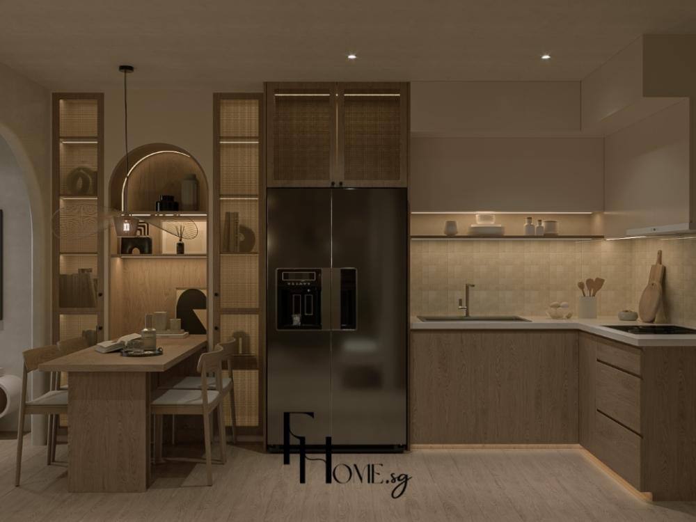 Phòng bếp phong cách Japandi với màu beige ấm và nâu gỗ tự nhiên, kết hợp bàn ăn tatami và các chi tiết gốm sứ, mang đến không gian ấm cúng và tinh tế.