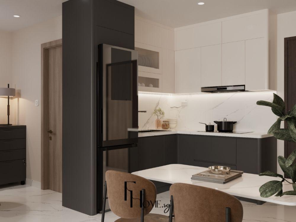 Phòng bếp với tủ bếp chữ L gỗ tự nhiên