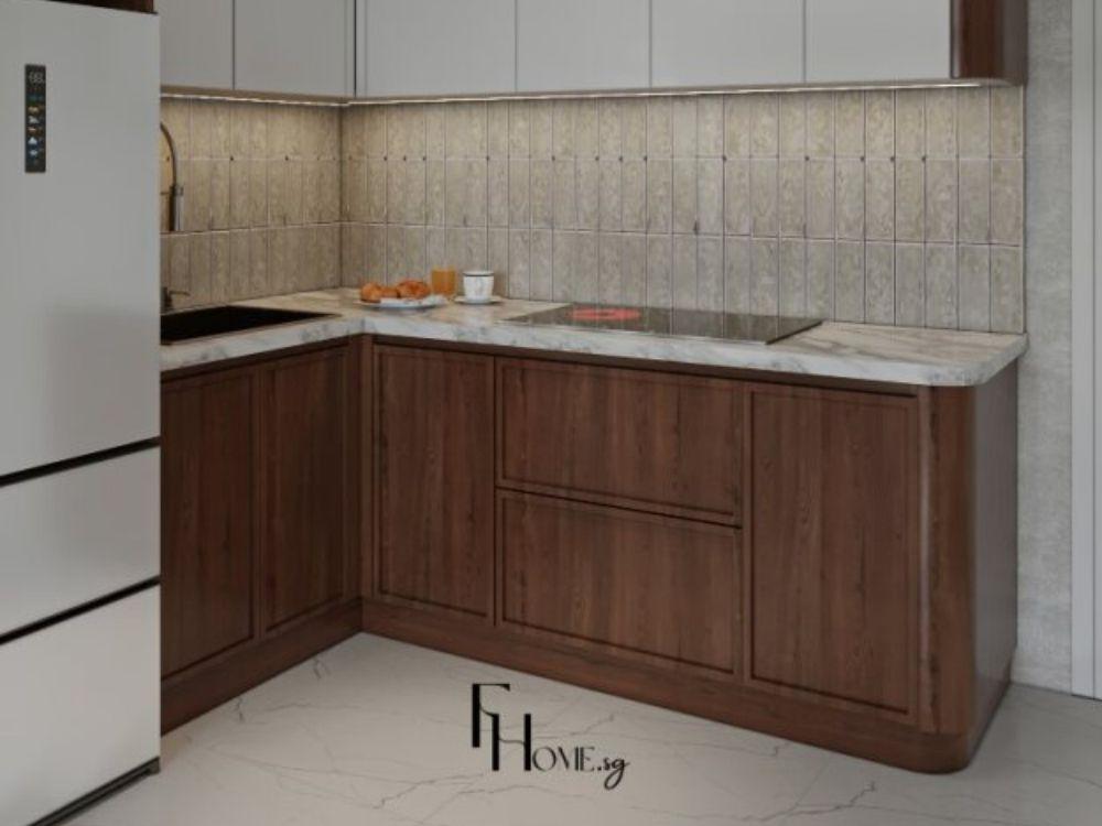 Phòng bếp với tủ bếp chữ L gỗ công nghiệp