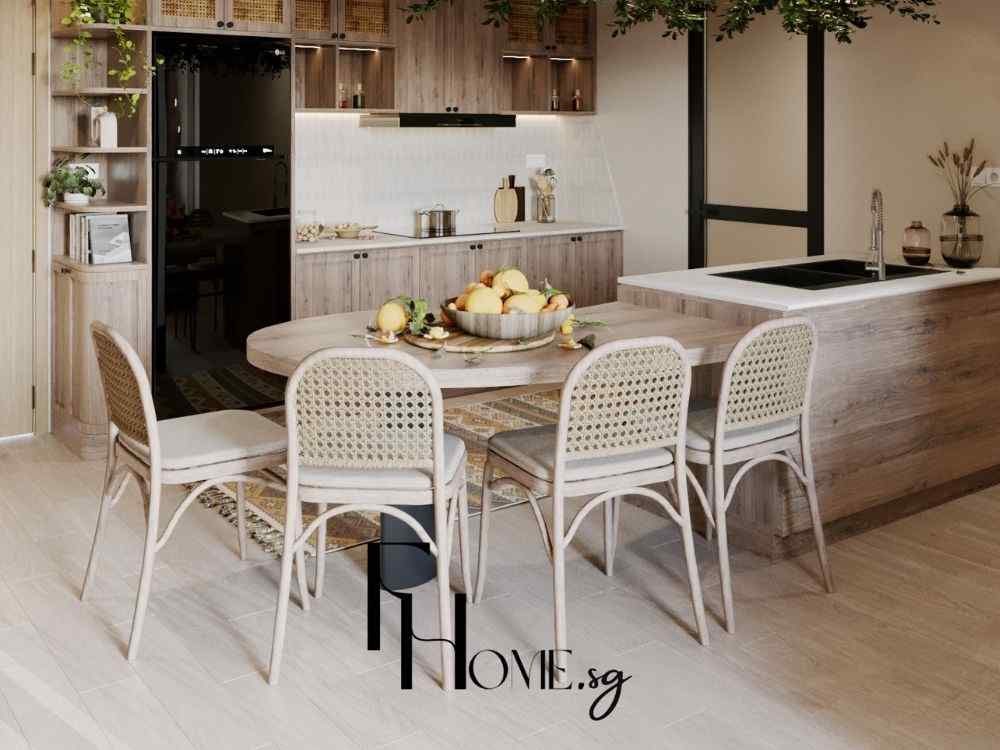 Phòng bếp nhà phố ấm cúng với bàn ăn gỗ, ghế mây đan và không gian bếp mở