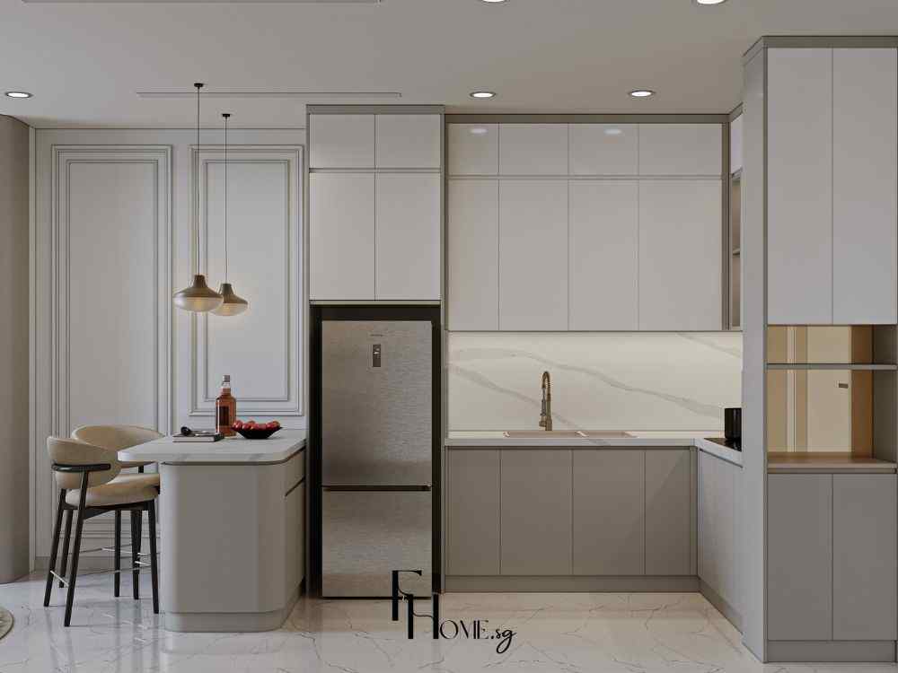 Phòng bếp phong cách hiện đại gam trắng xám, đảo bếp nhỏ