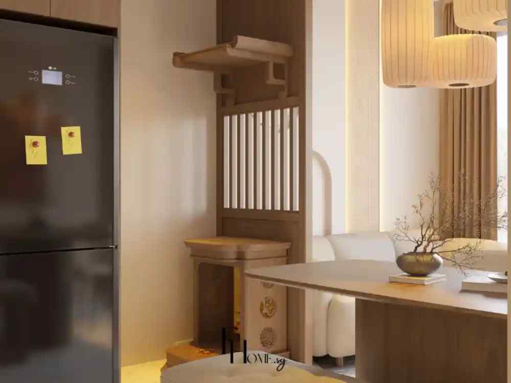 Phòng bếp phong cách Japandi với bàn thờ gỗ sáng, ghế đệm thấp, bình gốm trang trí