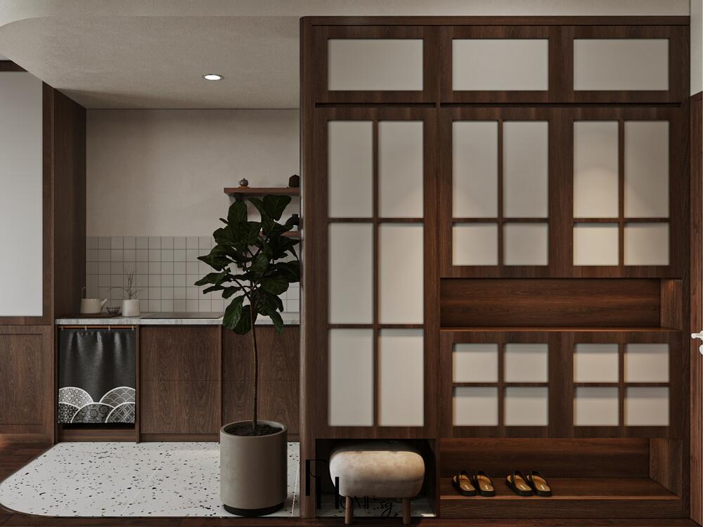 Phòng bếp phong cách Nhật Bản với cửa trượt gỗ và kính mờ kết hợp sắp xếp tinh gọn hài hòa