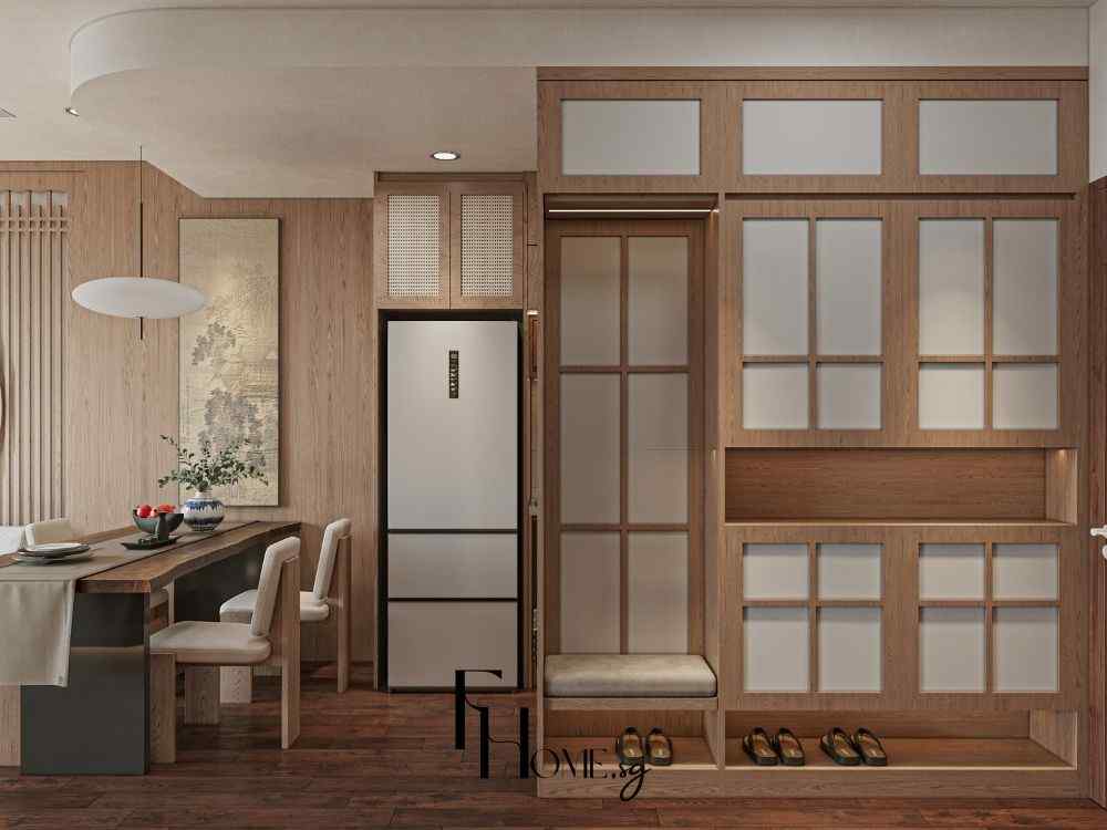 Phòng bếp phong cách Nhật Bản với hệ tủ gỗ ô kính mờ, bàn ăn gỗ dài