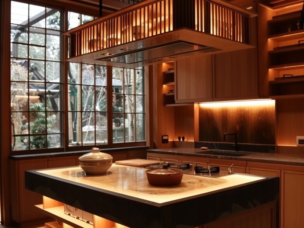 Phòng bếp phong cách Nhật Bản với nội thất gỗ, máy hút thiết kế lồng đèn