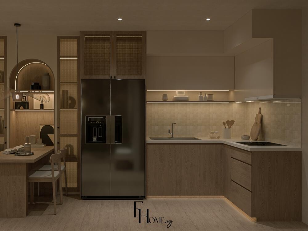 Phòng bếp phong cách Nhật Bản với tông gỗ đậm, tủ kính mờ và kệ chén bát mở