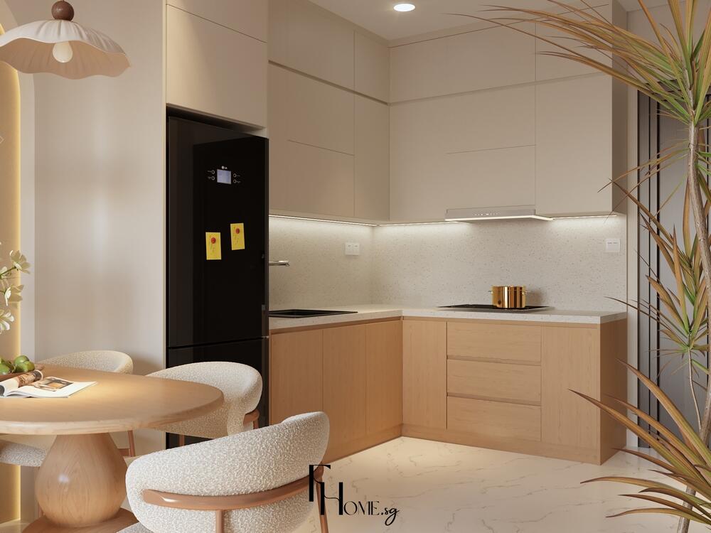 Phòng bếp phong cách Nhật Bản với tông gỗ sáng, bàn ăn bo tròn và hệ tủ tối giản