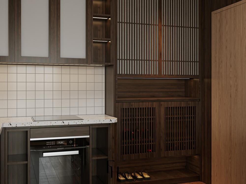 Phòng bếp phong cách Nhật Bản với tủ gỗ tối màu và chi tiết nan dọc tạo cảm giác tinh gọn