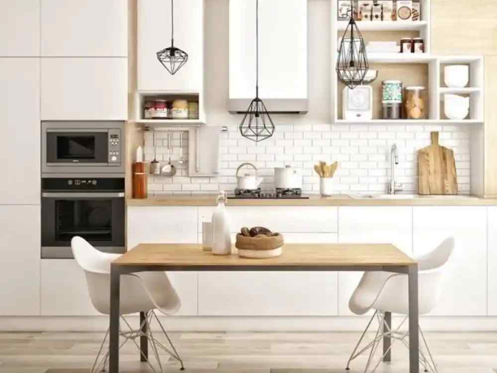 Phòng bếp phong cách Scandinavian với gam màu trắng – gỗ ấm áp, bàn ăn nhỏ gọn, tủ bếp tối giản