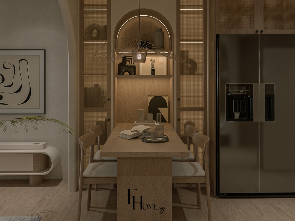 Phòng bếp phong cách Nhật Bản với mặt bàn gỗ và đèn tre tạo không gian ấm cúng và tiện nghi.