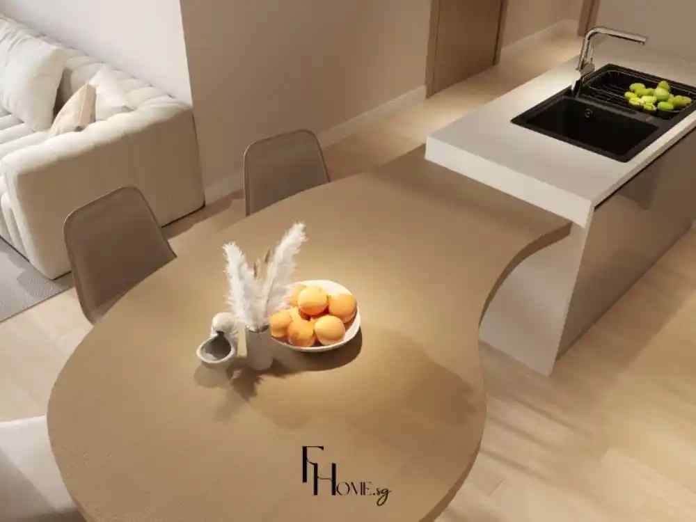 Phòng bếp phong cách tối giản với bàn ăn gỗ có đường cong mềm mại nối liền quầy bếp