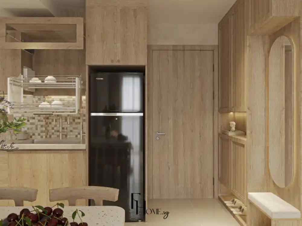 Phòng bếp phong cách Wabi Sabi sử dụng gỗ sáng tự nhiên làm chủ đạo, kết hợp tủ lạnh đen bóng, kệ chén inox