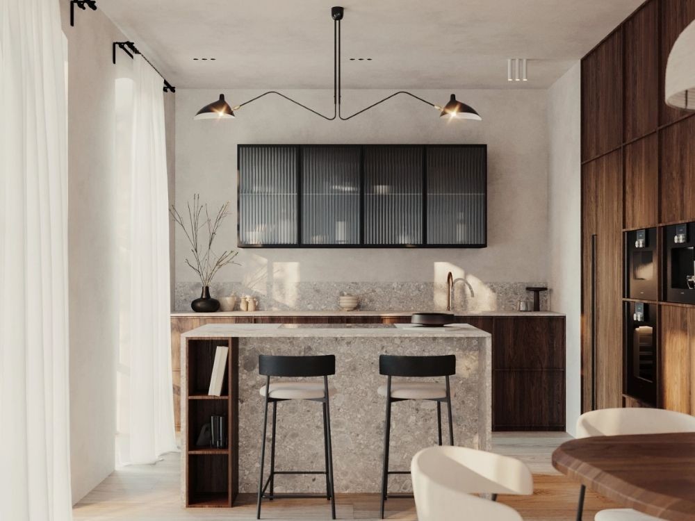 Phòng bếp phong cách Wabi Sabi với đảo bếp đá tự nhiên, tủ gỗ nâu trầm