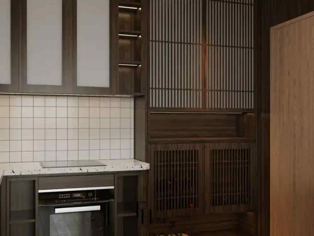 Phòng bếp phong cách Zen với tủ gỗ sẫm, cửa lùa nan dọc, mặt bếp đá trắng và thiết kế tối giản