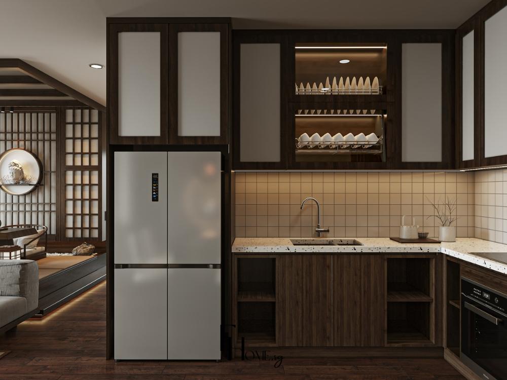 Phòng bếp phong cách Zen với mặt bếp đá cuội và chi tiết tre