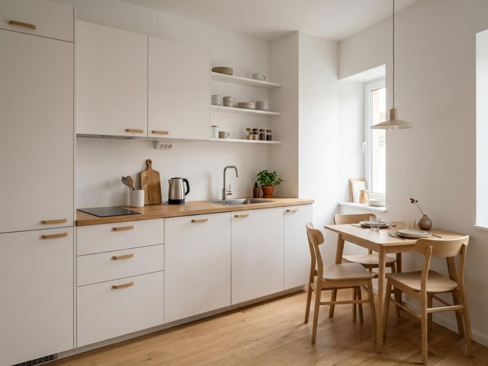 Phòng bếp phong cách Scandinavian gam trắng và gỗ ấm, bàn ăn nhỏ gọn và tủ bếp tối giản trong căn hộ 68m2