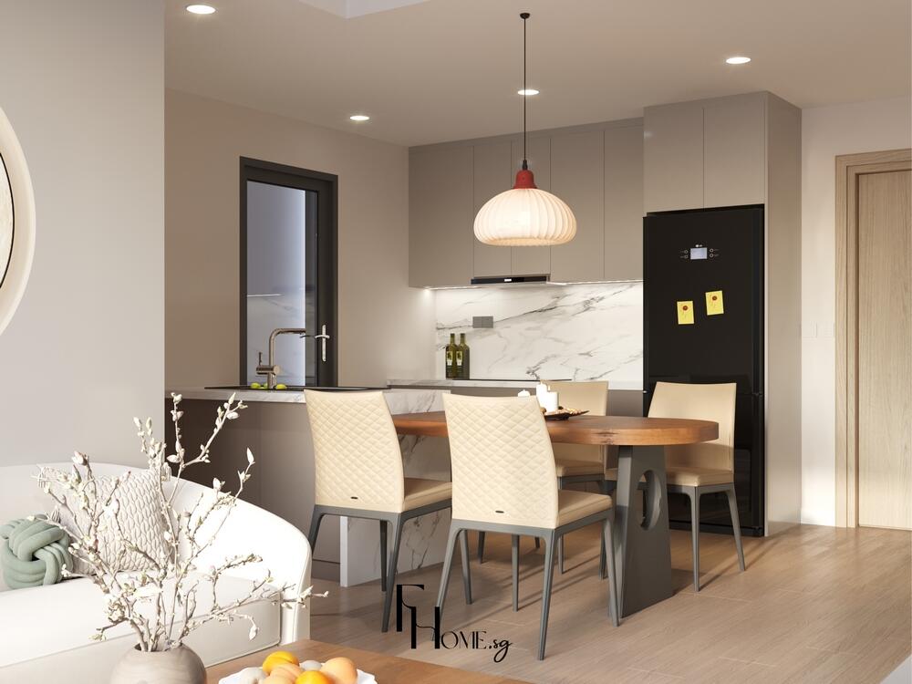 Phòng bếp tối giản với bàn tròn gỗ, tủ bếp sáng và đèn treo hiện đại