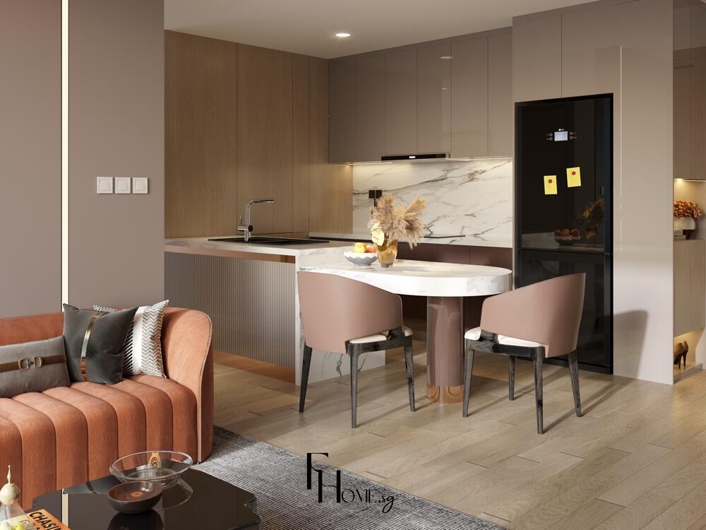 Phòng bếp tối giản với đảo bếp đá marble, tủ gỗ sáng và ghế ăn bọc nệm