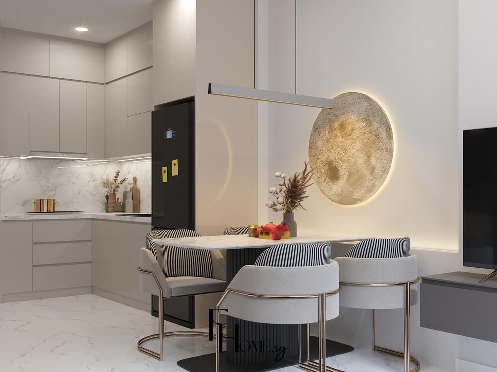 Phòng bếp tối giản với tông xám, mặt bếp đá sáng và đèn tường hình tròn ánh vàng ấm