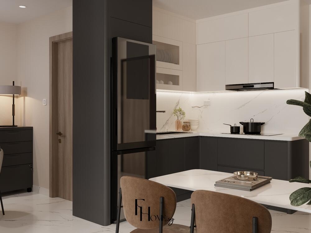 Phòng bếp tối giản với tủ bếp chữ L, mặt đá trắng và ánh sáng hắt trần tinh tế