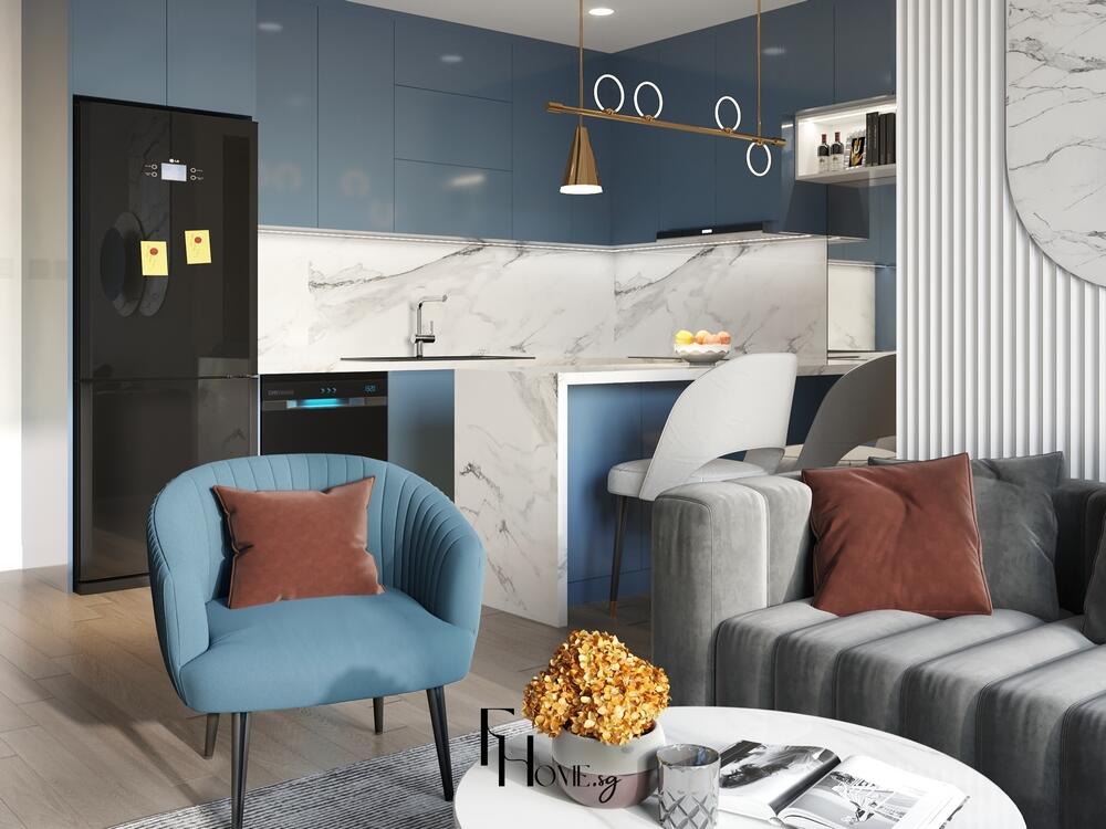 Phòng bếp tối giản với tủ xanh navy, đảo bếp marble và ghế quầy hiện đại