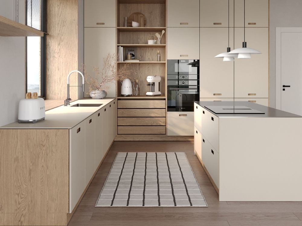 Phòng bếp tông sáng tự nhiên với tủ gỗ nhạt, ánh sáng tràn qua cửa sổ