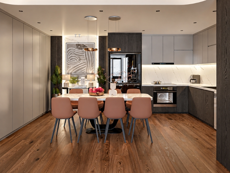 Khu bếp và bàn ăn chung cư 3 phòng ngủ phong cách luxury với bàn đá, ghế hồng và tủ gỗ tối màu