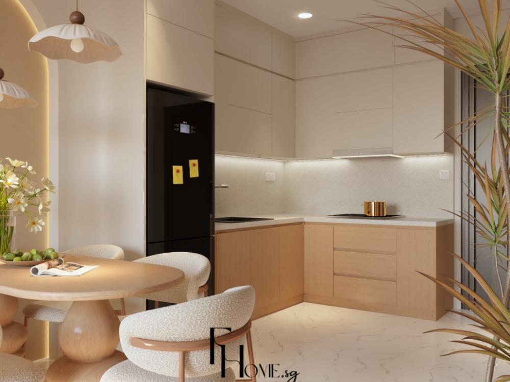 Phòng bếp với tủ bếp gỗ nâu trầm, mặt đá hoa cương và các chi tiết trang trí tinh tế.