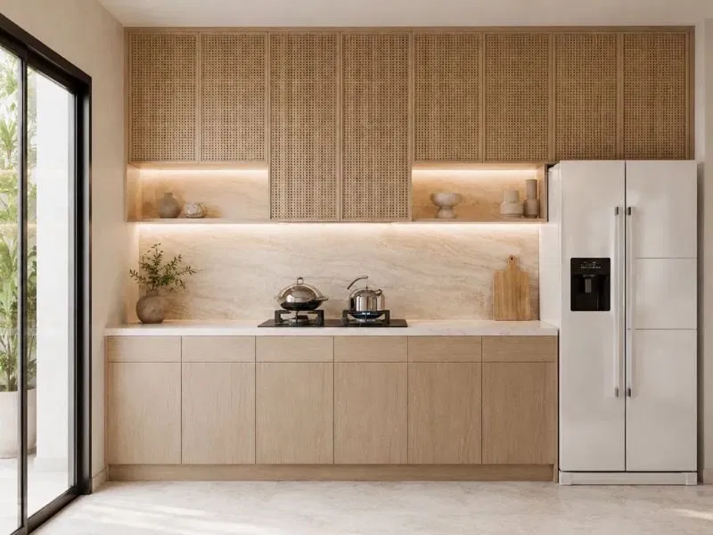 Phòng bếp phong cách Wabi Sabi với tủ gỗ tự nhiên, cánh tủ trên mây đan và tủ lạnh trắng