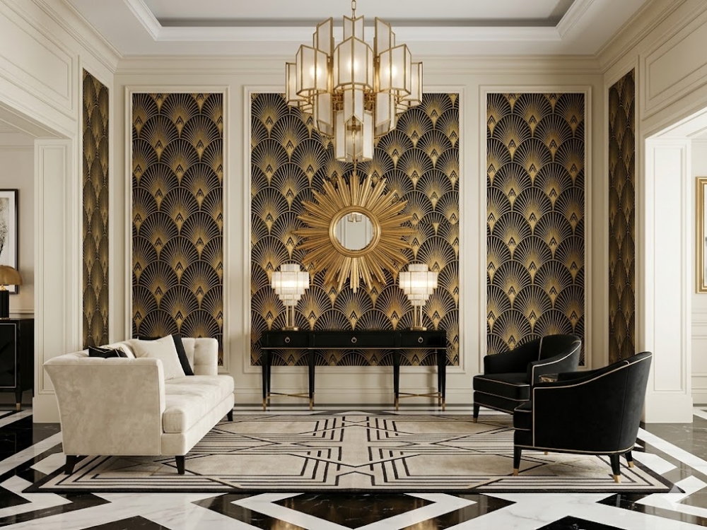 Không gian penthouse — marble trắng, sofa da Ý, đèn trang trí thiết kế độc bản, tông vàng trắng đen.