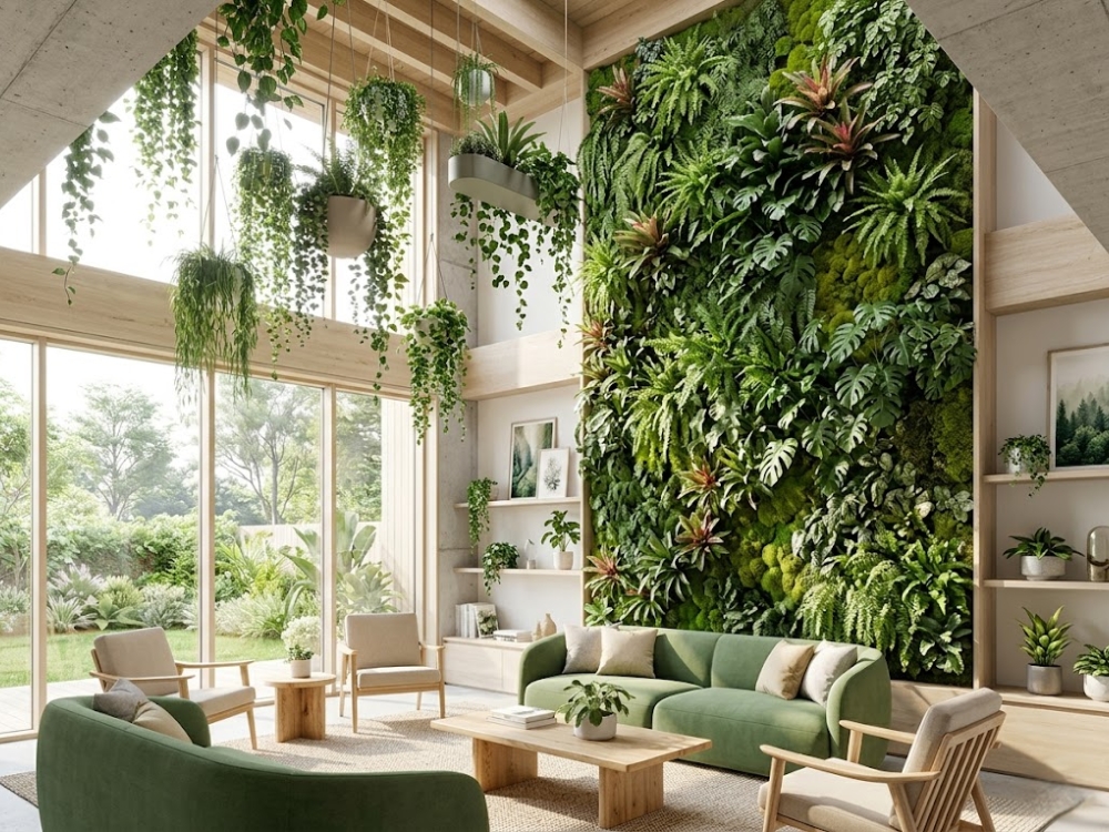 Không gian nội thất có tường cây xanh hoặc cây treo trần, ánh sáng tự nhiên rõ.