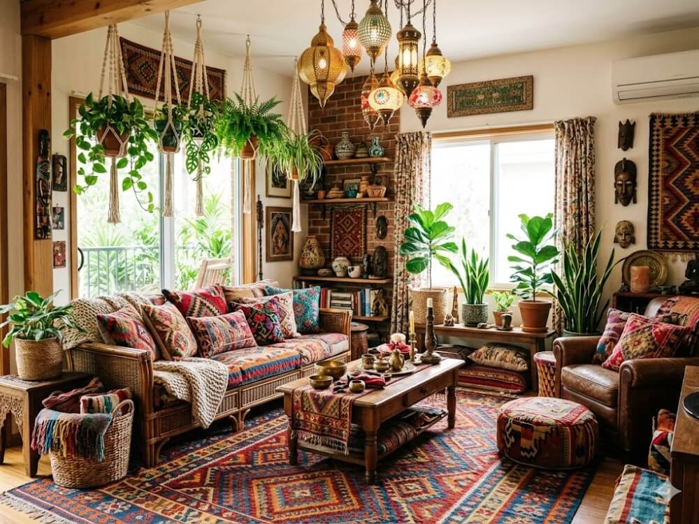 Phòng khách Bohemian — thảm dệt tay nhiều màu, đèn lồng, cây xanh treo, gối trang trí đa màu, đồ thủ công từ nhiều văn hóa.