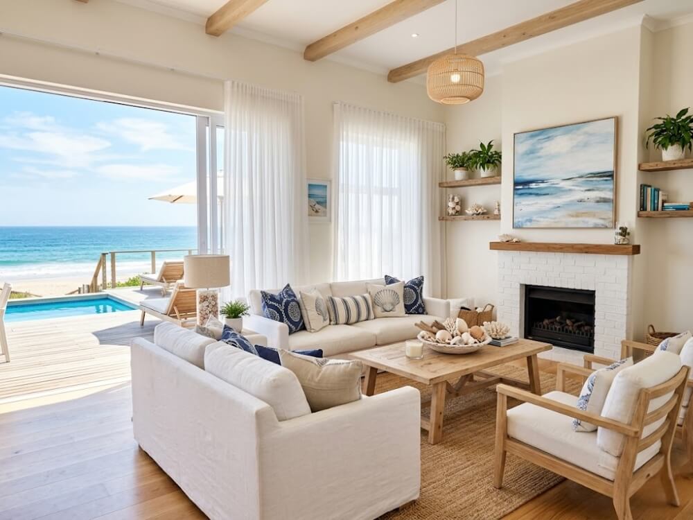 Phòng khách villa ven biển — tông xanh dương trắng, gỗ sáng, vỏ sò trang trí, ánh sáng tự nhiên rõ.