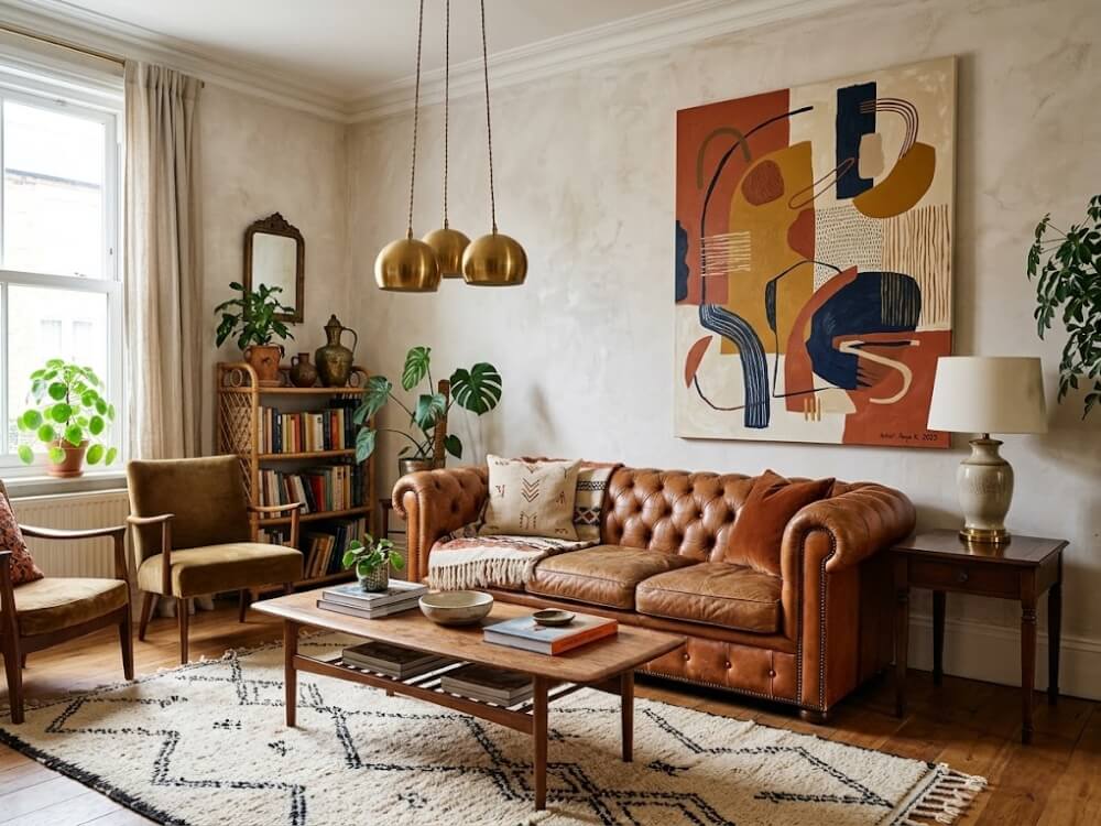 Không gian Eclectic — tác phẩm nghệ thuật trừu tượng hiện đại bên cạnh sofa cổ điển, thảm Maroc, đèn Scandinavian, các yếu tố khác thời kỳ nhưng được kết nối bằng bảng màu nhất quán.