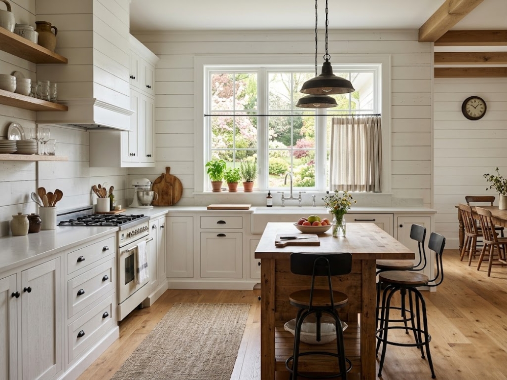 Phòng bếp Farmhouse — tủ trắng, ốp gỗ ngang, cửa sổ lớn.