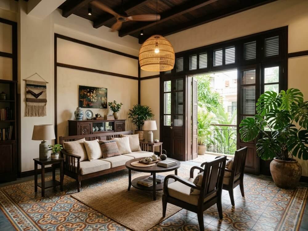 Phòng khách Indochine — gỗ tối màu, gạch bông sàn, cửa chớp kiểu Pháp, cây xanh lớn, đèn mây đan.