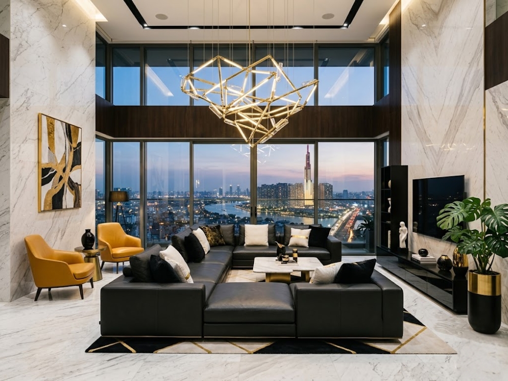 Không gian penthouse — marble trắng, sofa da Ý, đèn trang trí thiết kế độc bản, tông vàng trắng đen.
