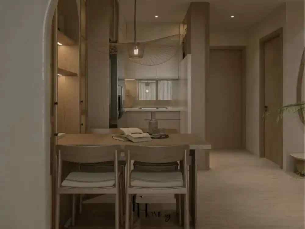 Phong cách Nhật Bản thiết kế liền mạch giữa khu bếp và bàn ăn với tông gỗ ấm áp