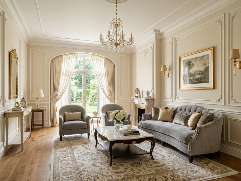 Phòng khách Tân Cổ Điển — phào chỉ tường mỏng, sofa bọc nhung kem hoặc xám, đèn chùm nhỏ gọn, tông kem vàng kim nhẹ