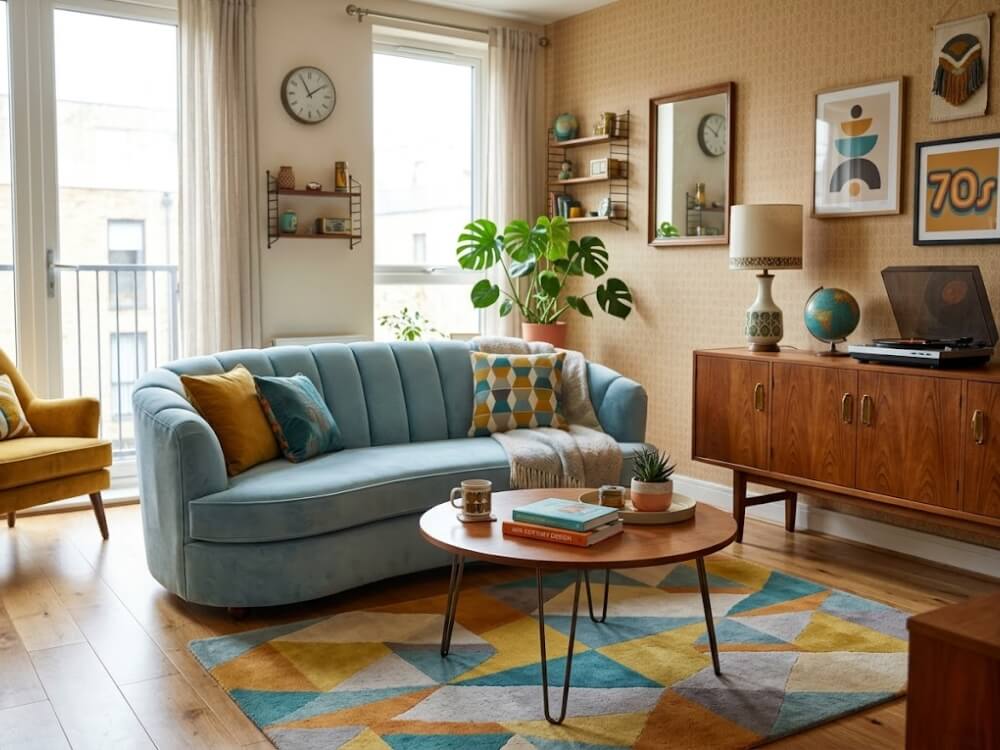 Phòng khách Retro — sofa đường cong màu xanh pastel hoặc vàng mù tạt, bàn cà phê tròn chân kim loại mảnh, thảm hình học, tủ sideboard gỗ teak chân cao.