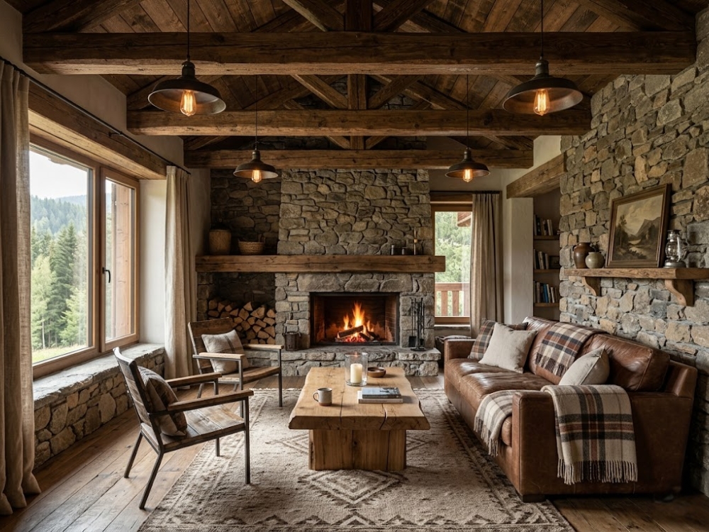 Phòng khách Rustic — xà gỗ thô lộ trần, tường đá, đèn công nghiệp.