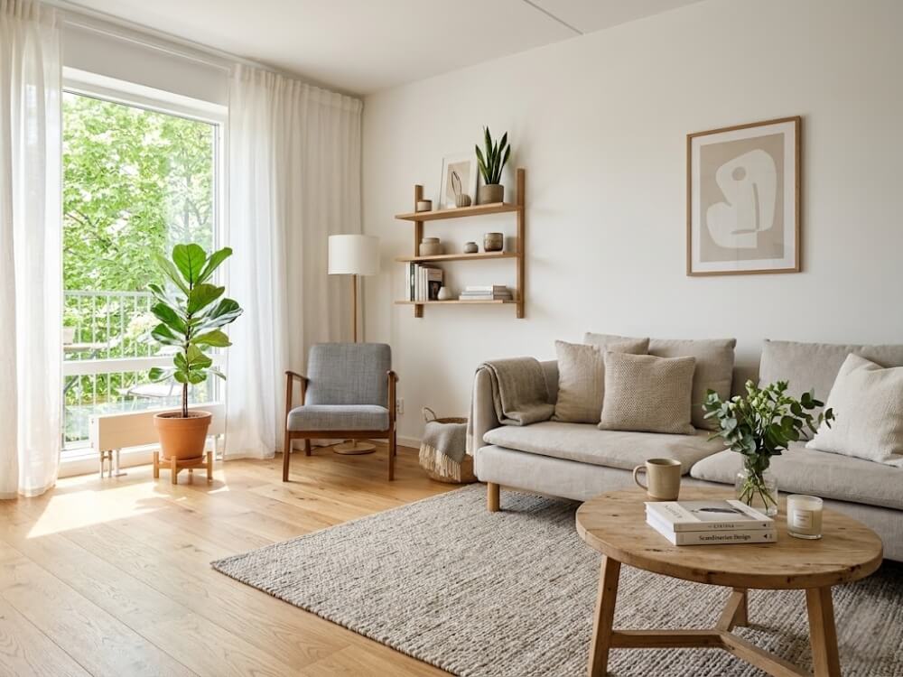 Phòng khách Scandinavian — sàn gỗ sáng, sofa vải be xám nhạt, cây xanh nhỏ, ánh sáng tự nhiên rõ.