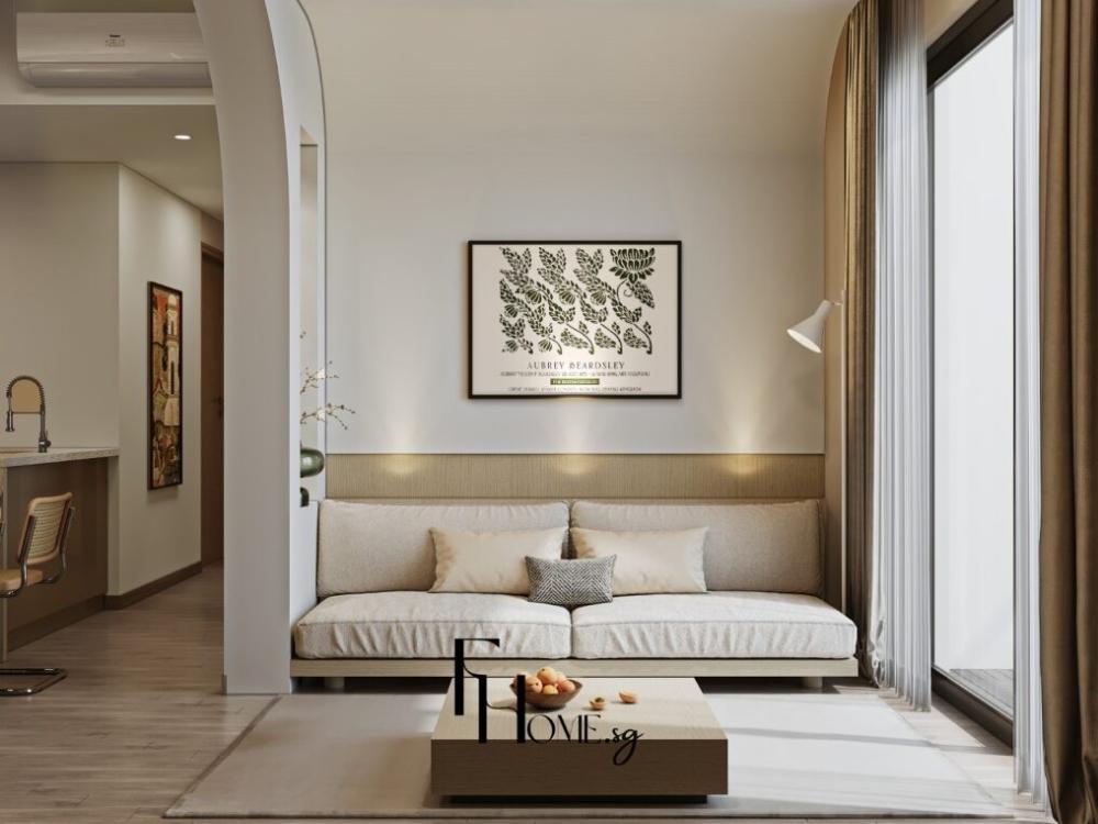 Phòng khách phong cách tối giản với sofa trắng sư, bàn trà gỗ và màu trung tính tạo không gian thông thoáng.
