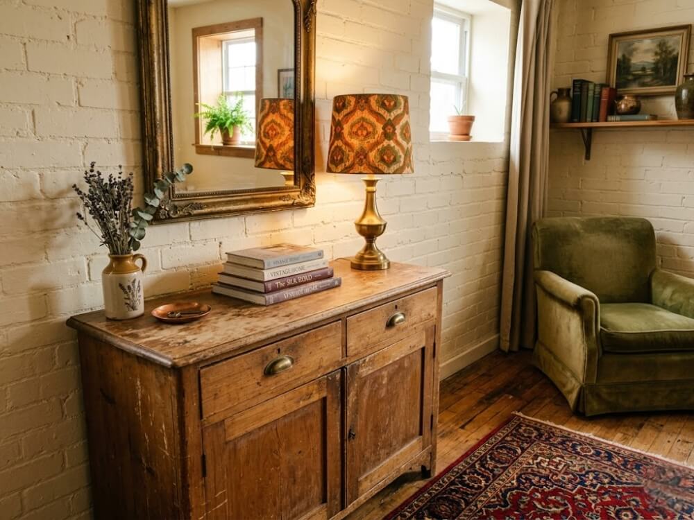 Không gian Vintage — tủ gỗ cũ bề mặt sờn màu tự nhiên, gương khung đồng cổ, đèn bàn thập niên 60 đến 70, thảm Ba Tư nhỏ.