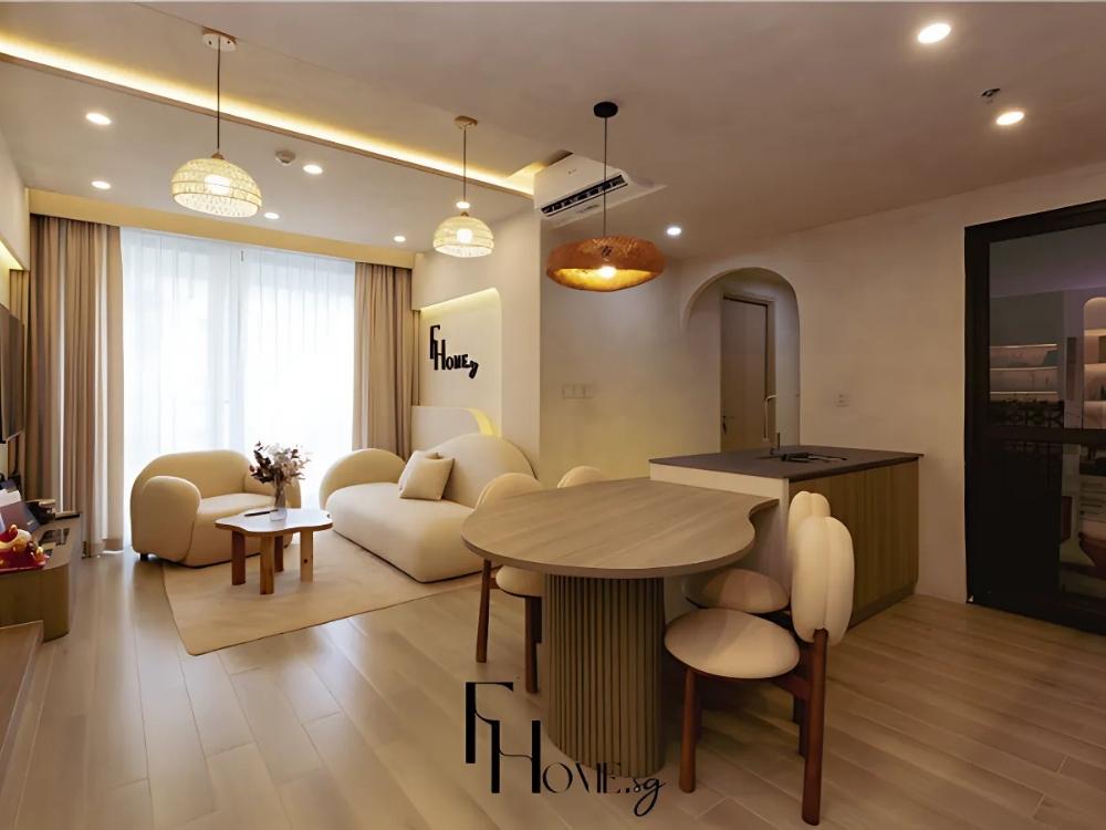 Phòng khách phong cách Wabi Sabi với sự kết hợp của màu nâu đất, be cũ và ghi tạo nên một không gian ấm áp, gần gũi và đầy bình yên