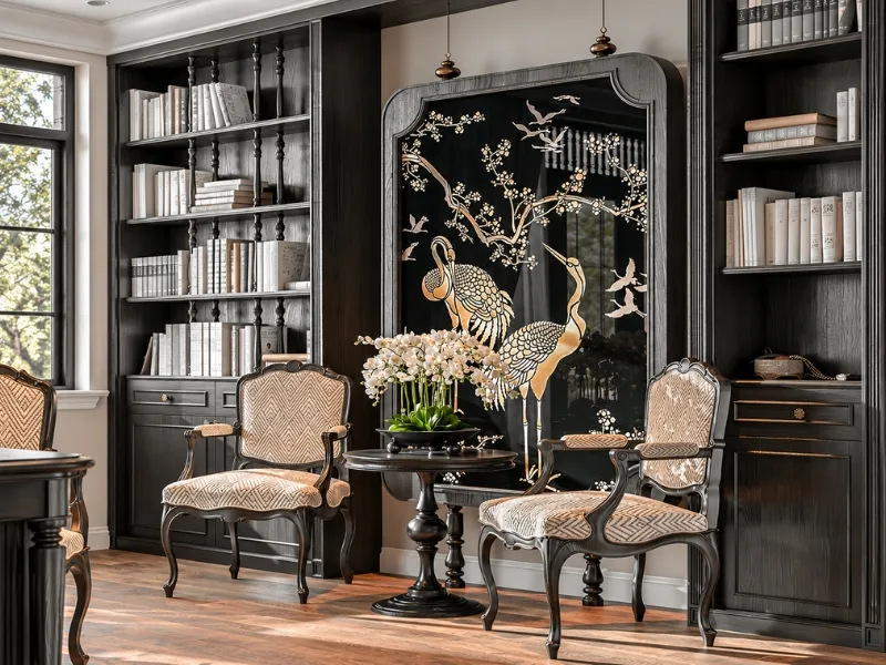 Phòng đọc sách phong cách Đông Dương đặt ghế cổ điển trước bình phong trang trí giữa hệ tủ sách sẫm màu.