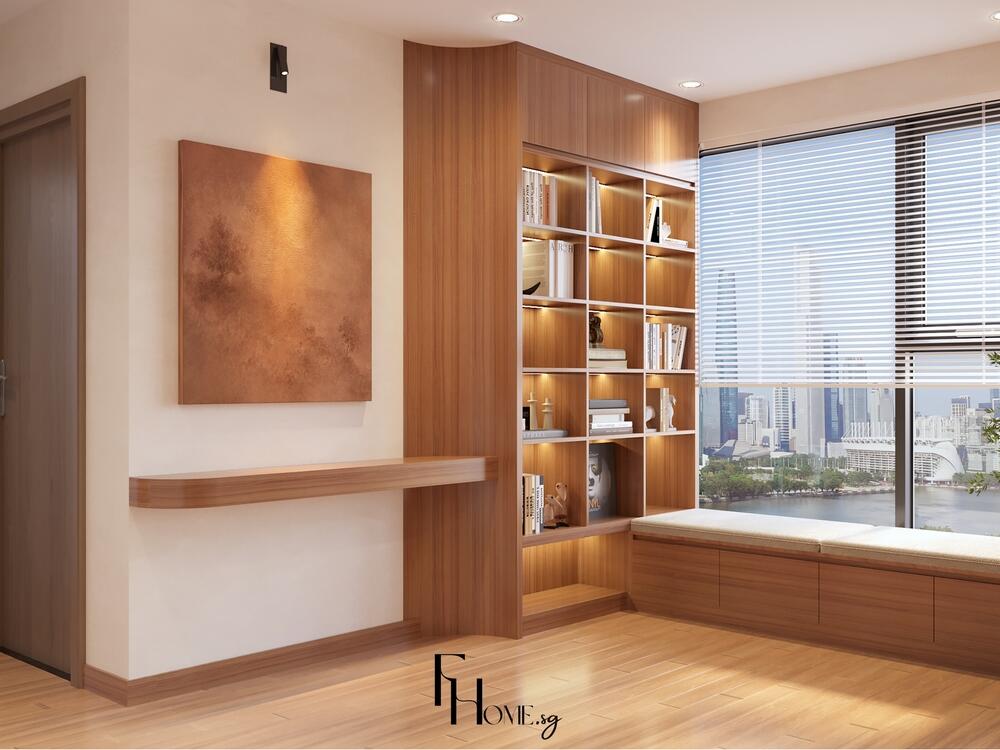 Phòng đọc sách phong cách Nhật Bản với kệ gỗ thanh mảnh, cửa sổ lớn và ánh sáng chan hòa