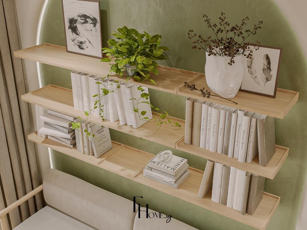 Phòng đọc tối giản với kệ gỗ trang trí, cây xanh và tranh nghệ thuật