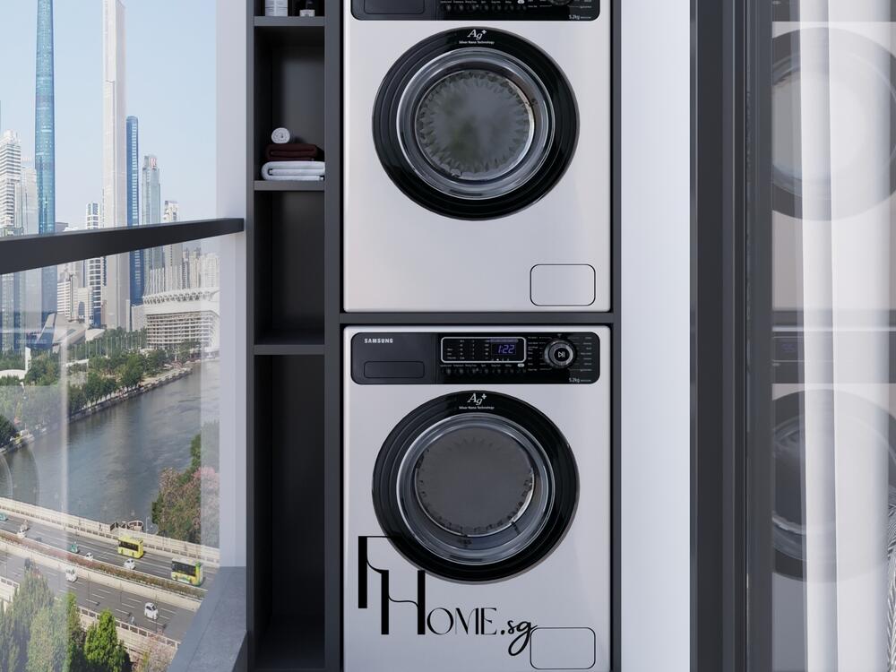Phòng giặt tối giản với máy giặt sấy xếp chồng, kệ lưu trữ