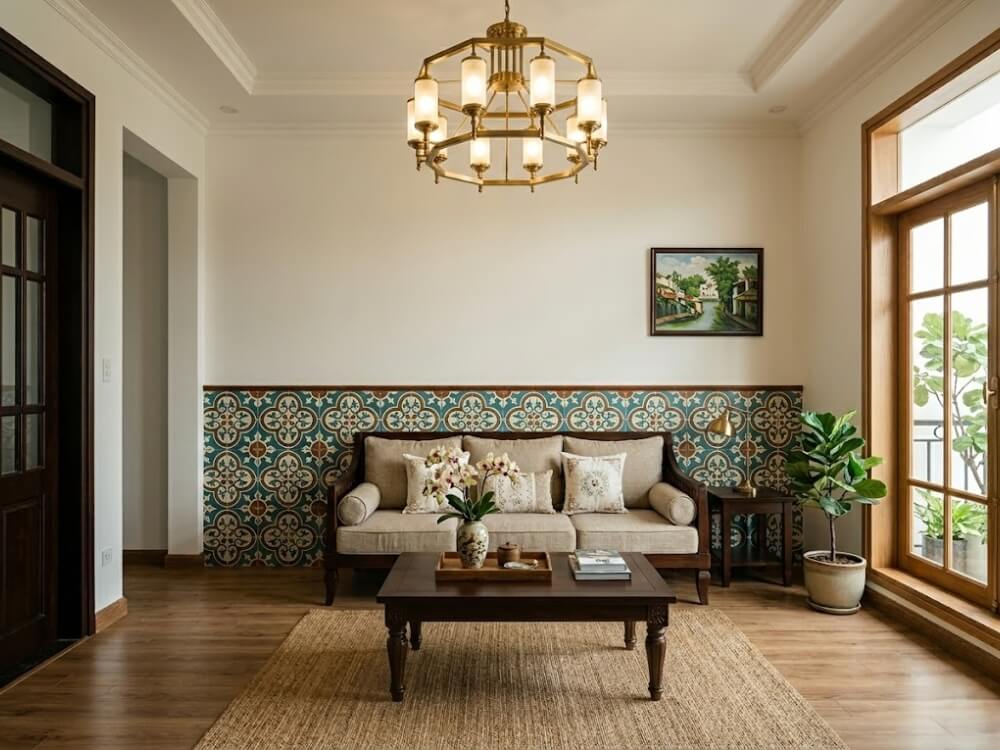 Thiết kế phòng khách chung cư 77m2 phong cách Indochine gạch bông xanh cổ vịt sofa gỗ tối đèn chùm đồng thau
